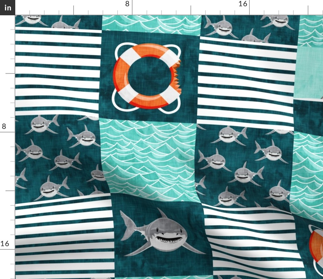 Shark Wholecloth - teal - shark, fin, and life preserver - shark nursery - LAD19