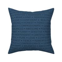 Strong sisterhood woman affirmations and empowerment text words type design navy blue