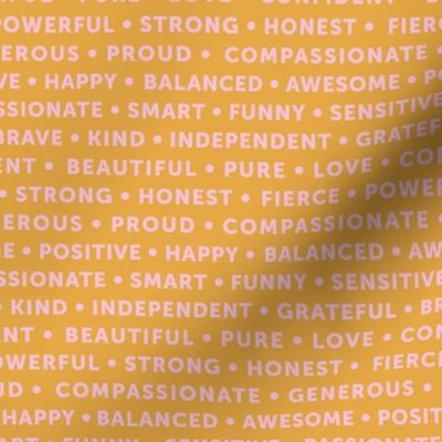 Strong sisterhood woman affirmations and empowerment text words type design ochre yellow pink