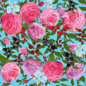 Roses and fruit with blue background