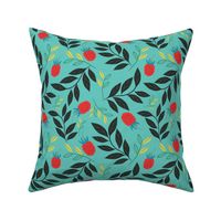 red Berry Delight fruits with black foliage on a teal background