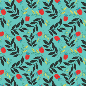 red Berry Delight fruits with black foliage on a teal background