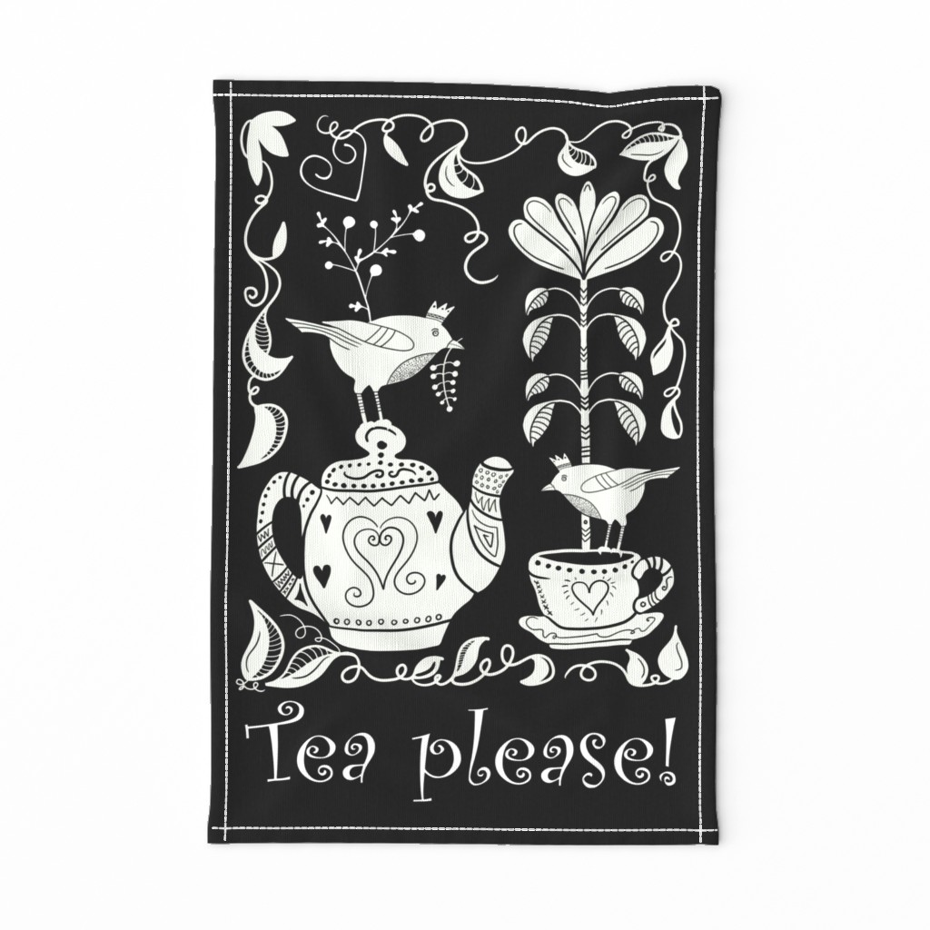 Black White Folk Art Tea Towel