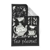 Black White Folk Art Tea Towel