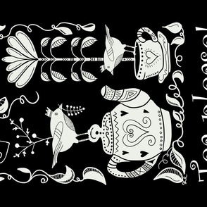 Black White Folk Art Tea Towel