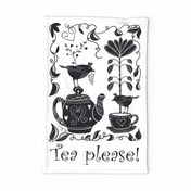 Black White Folk Art Tea Towel