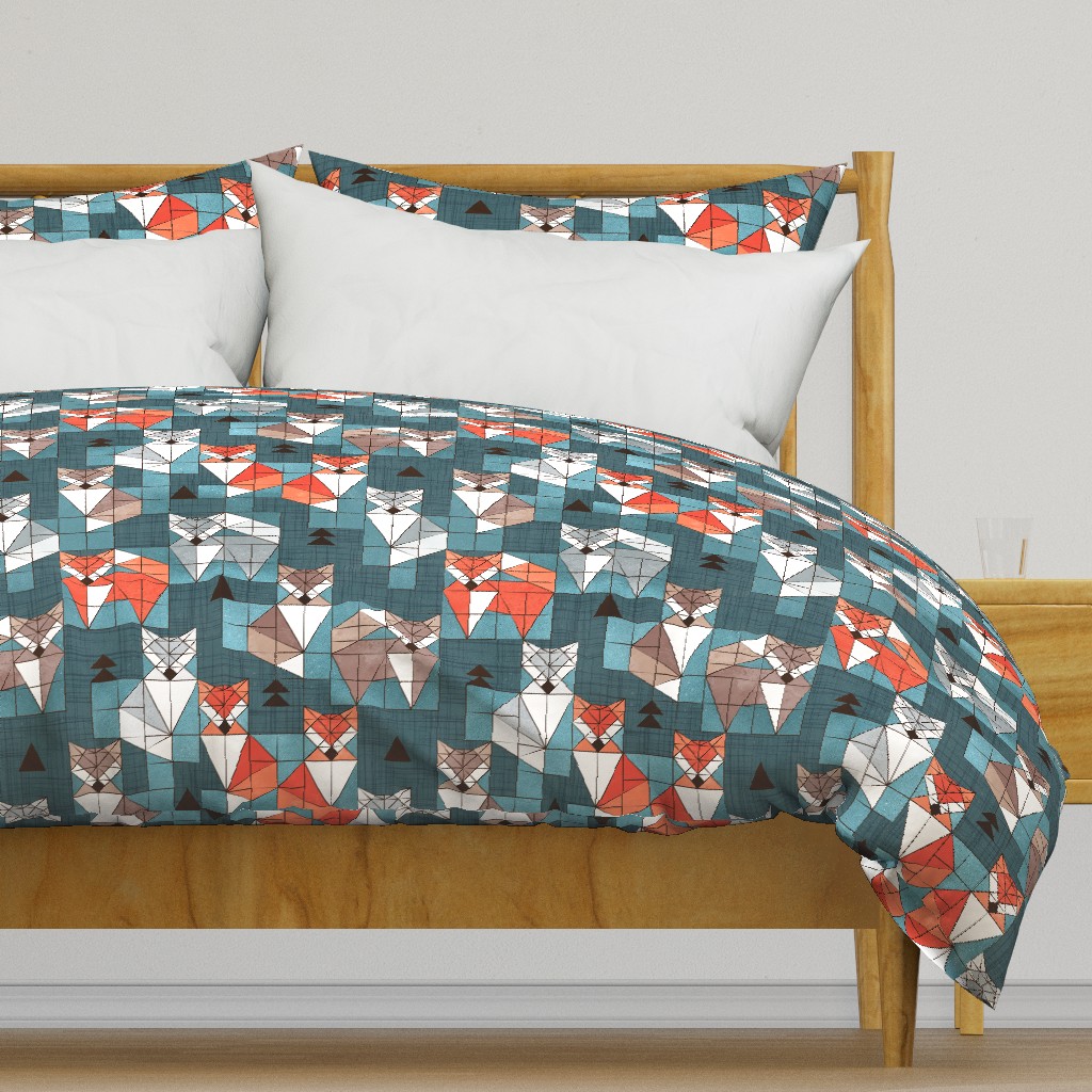 Normal scale // Blocked geometric foxes // teal background white grey orange and brown foxy animals