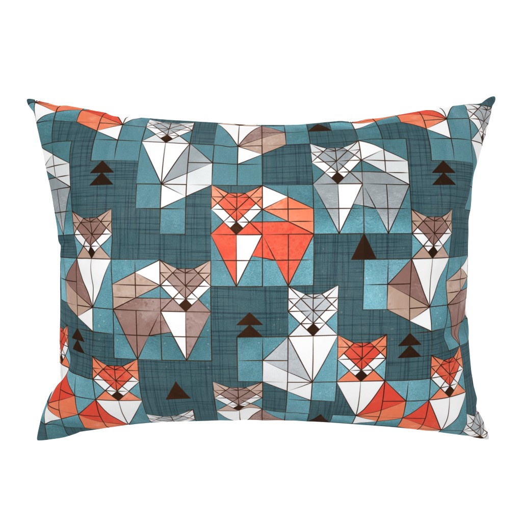 Normal scale // Blocked geometric foxes // teal background white grey orange and brown foxy animals