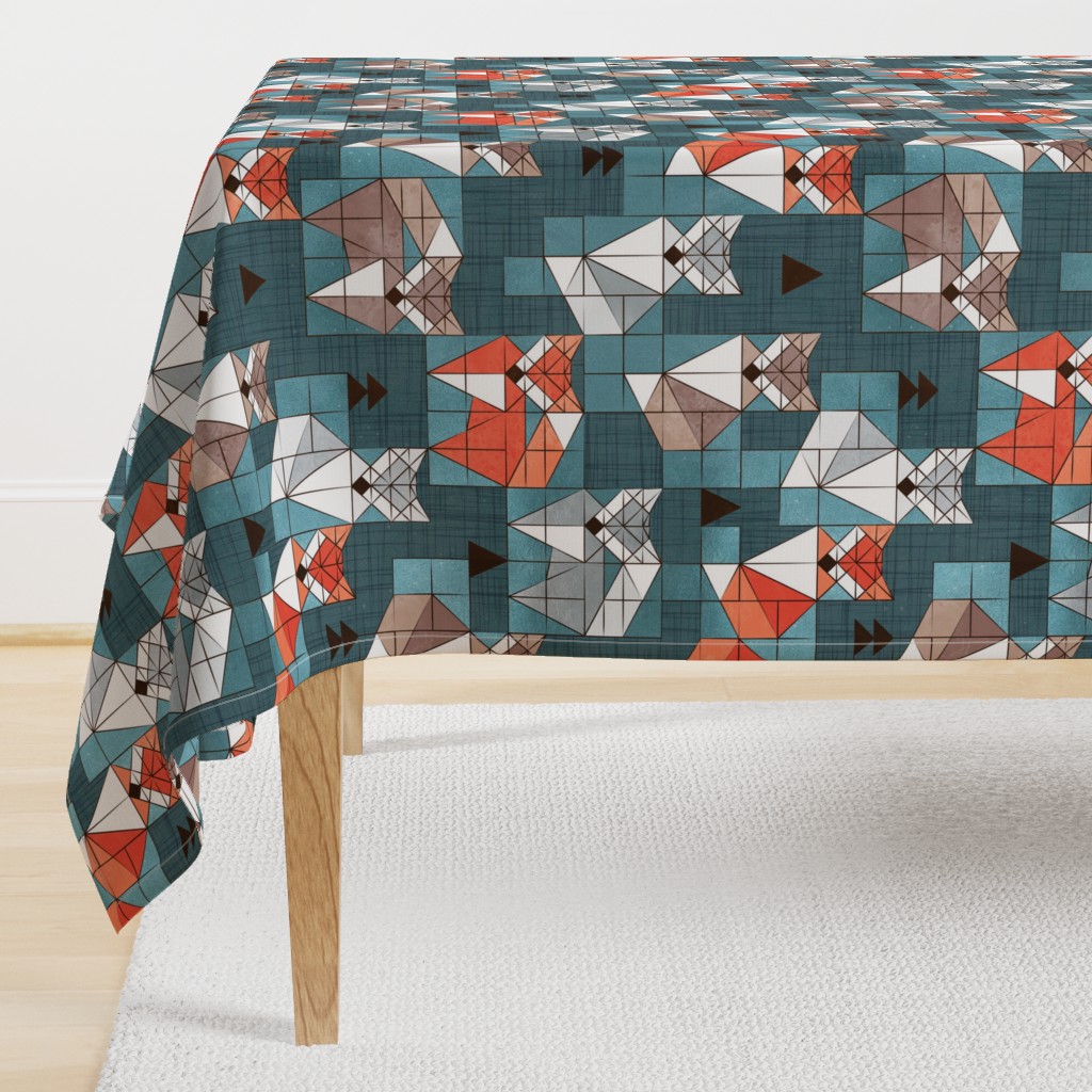 Normal scale // Blocked geometric foxes // teal background white grey orange and brown foxy animals