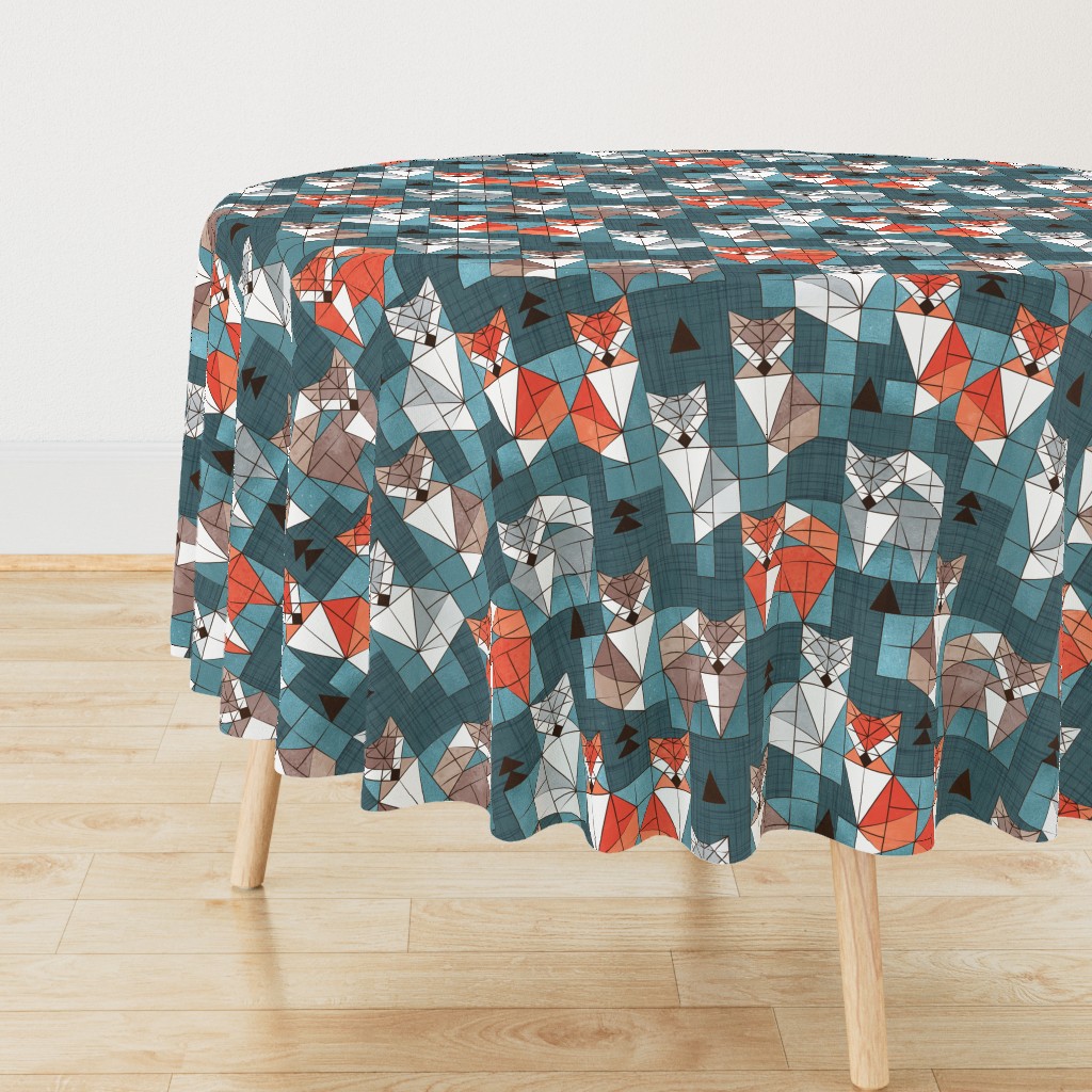 Normal scale // Blocked geometric foxes // teal background white grey orange and brown foxy animals