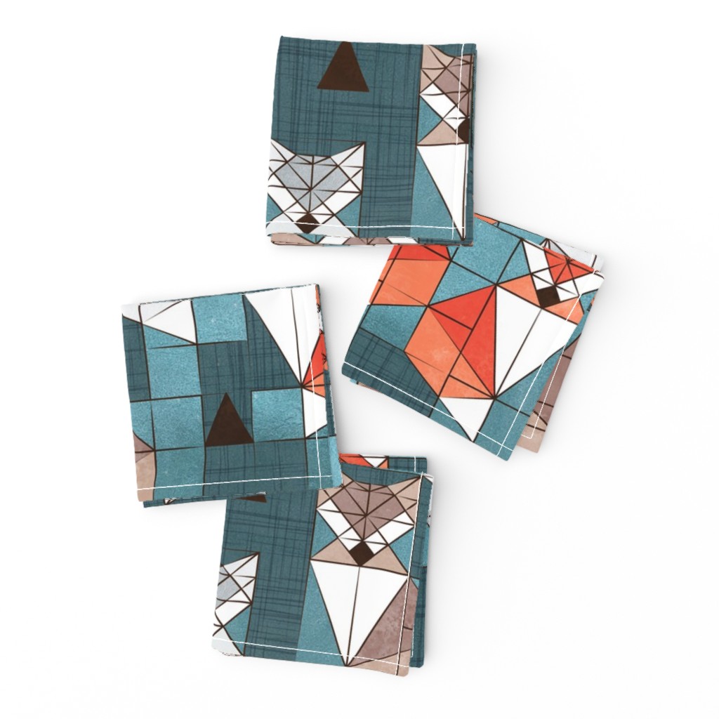 Normal scale // Blocked geometric foxes // teal background white grey orange and brown foxy animals