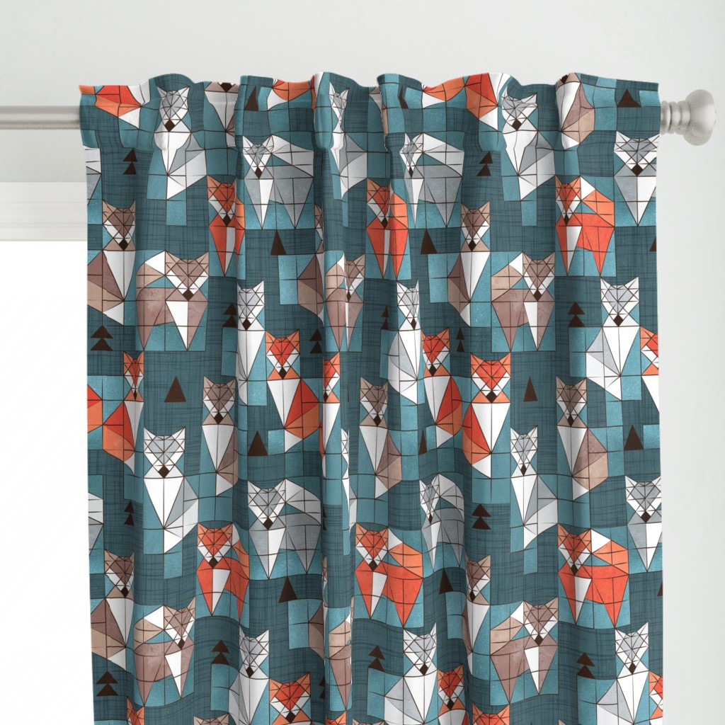 Normal scale // Blocked geometric foxes // teal background white grey orange and brown foxy animals