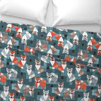 Normal scale // Blocked geometric foxes // teal background white grey orange and brown foxy animals