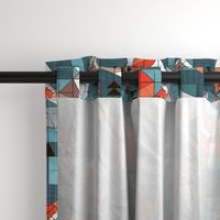 Normal scale // Blocked geometric foxes // teal background white grey orange and brown foxy animals