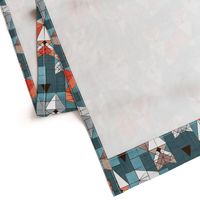 Normal scale // Blocked geometric foxes // teal background white grey orange and brown foxy animals