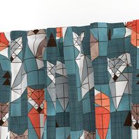 Normal scale // Blocked geometric foxes // teal background white grey orange and brown foxy animals