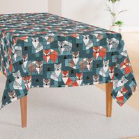 Normal scale // Blocked geometric foxes // teal background white grey orange and brown foxy animals