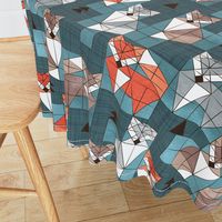 Normal scale // Blocked geometric foxes // teal background white grey orange and brown foxy animals