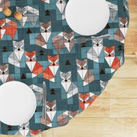 Normal scale // Blocked geometric foxes // teal background white grey orange and brown foxy animals