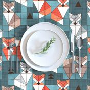 Normal scale // Blocked geometric foxes // teal background white grey orange and brown foxy animals