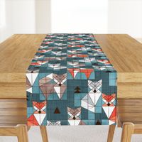 Normal scale // Blocked geometric foxes // teal background white grey orange and brown foxy animals