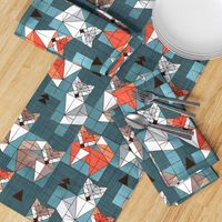 Normal scale // Blocked geometric foxes // teal background white grey orange and brown foxy animals