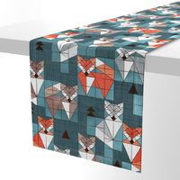 Normal scale // Blocked geometric foxes // teal background white grey orange and brown foxy animals