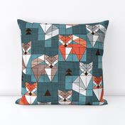 Normal scale // Blocked geometric foxes // teal background white grey orange and brown foxy animals