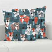 Normal scale // Blocked geometric foxes // teal background white grey orange and brown foxy animals