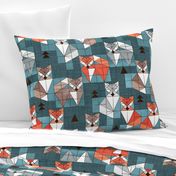 Normal scale // Blocked geometric foxes // teal background white grey orange and brown foxy animals