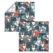 Normal scale // Blocked geometric foxes // teal background white grey orange and brown foxy animals