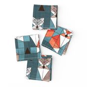 Normal scale // Blocked geometric foxes // teal background white grey orange and brown foxy animals