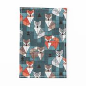 Normal scale // Blocked geometric foxes // teal background white grey orange and brown foxy animals