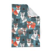 Normal scale // Blocked geometric foxes // teal background white grey orange and brown foxy animals