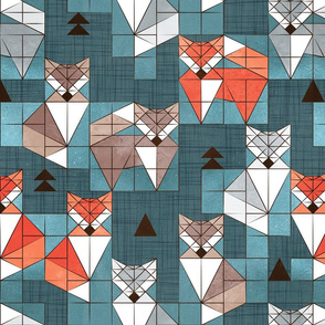 Normal scale // Blocked geometric foxes // teal background white grey orange and brown foxy animals