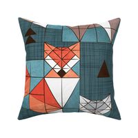 Large jumbo scale // Blocked geometric foxes // teal background white grey orange and brown foxy animals