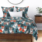 Large jumbo scale // Blocked geometric foxes // teal background white grey orange and brown foxy animals