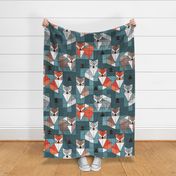 Large jumbo scale // Blocked geometric foxes // teal background white grey orange and brown foxy animals