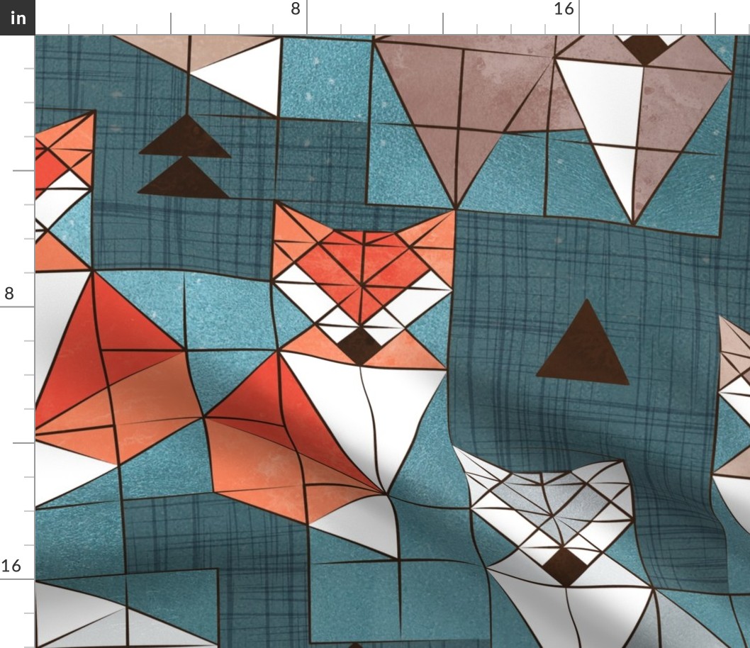 Large jumbo scale // Blocked geometric foxes // teal background white grey orange and brown foxy animals