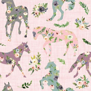 patchwork floral horses on pink linen background