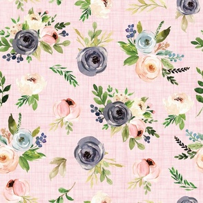 watercolor blush pink floral on pink linen
