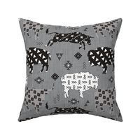 aztec tribal cattle on gray black linen 