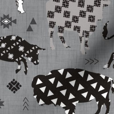 aztec tribal cattle on gray black linen 