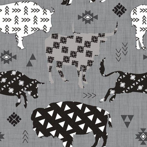 aztec tribal cattle on gray black linen 