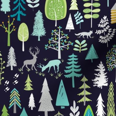 Cabin in the Woods (midnight navy) Trees Woodland Forest, LARGE scale