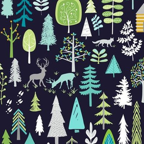 Cabin in the Woods (midnight navy) Trees Woodland Forest, LARGE scale