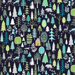 Cabin in the Woods (midnight navy) Trees Woodland Forest, SMALLER scale