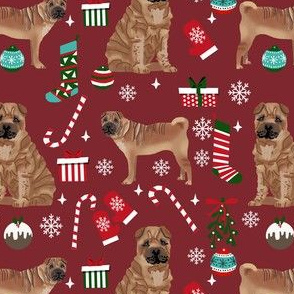 shar pei christmas fabric, dog holiday, dog christmas fabric, sharpei fabric, dogs - burgundy