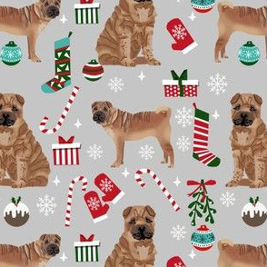 shar pei christmas fabric, dog holiday, dog christmas fabric, sharpei fabric, dogs -  grey
