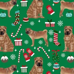 shar pei christmas fabric, dog holiday, dog christmas fabric, sharpei fabric, dogs - green